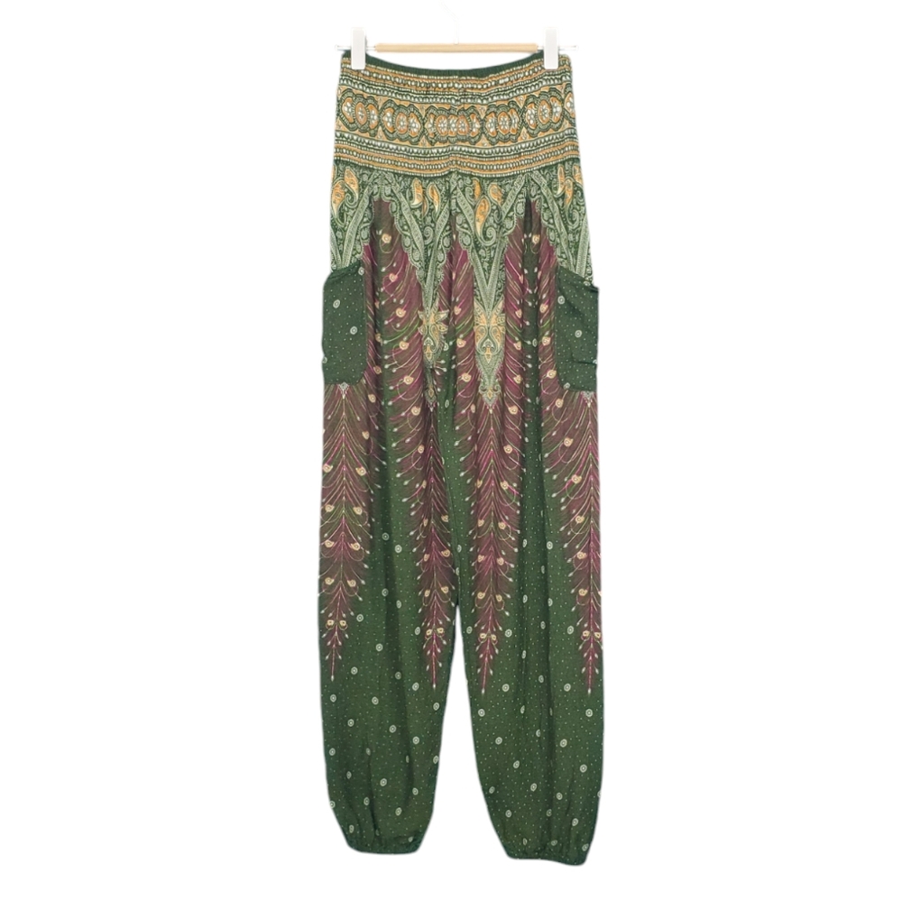 Vintage Harem Paisley Print Pants Stretchy Cozy Boho Hippie Green Baggy S - Picture 3 of 4